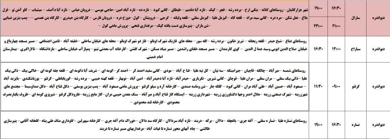برنامه قطعی برق کردستان روز جمعه دوم خرداد + جدول
