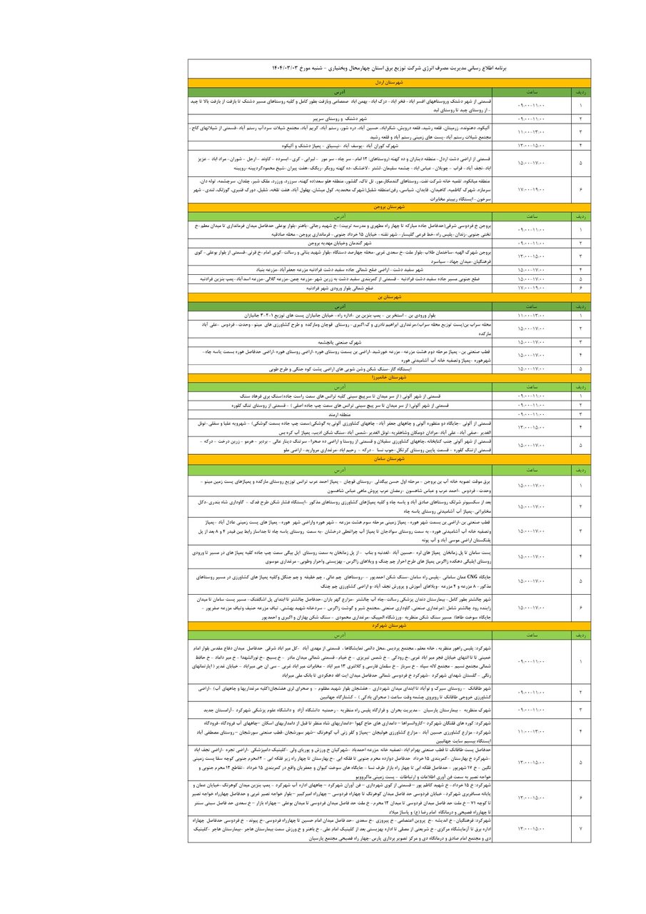 برنامه قطعی برق چهارمحال و بختیاری شنبه سوم خرداد + جدول