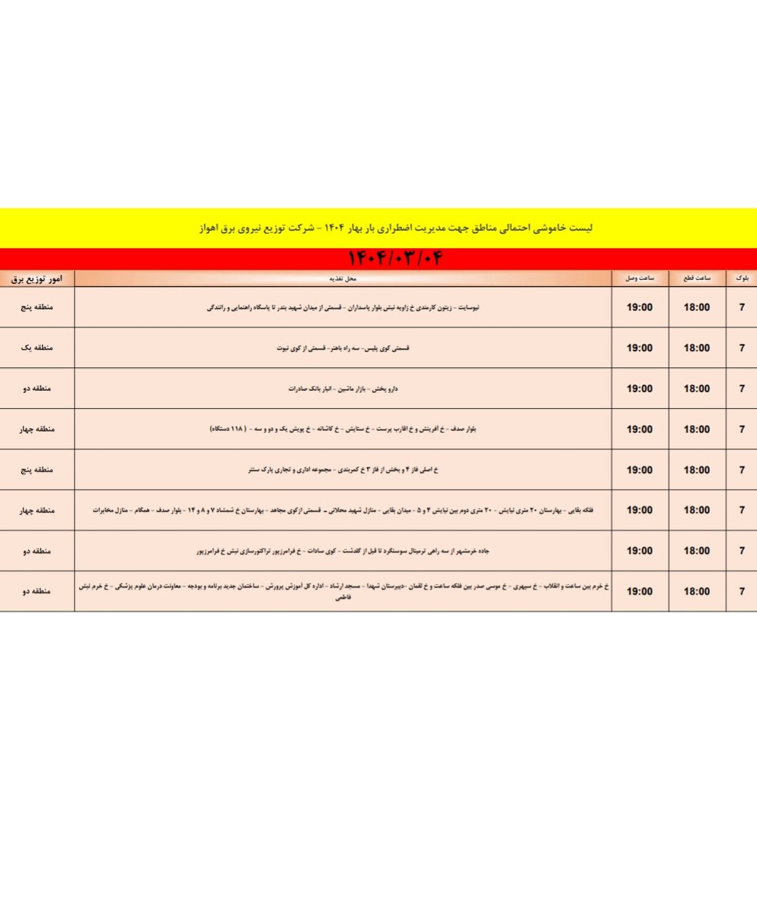 جدول خاموشی برق اهواز فردا یکشنبه ۴ خرداد