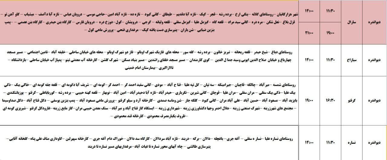 برنامه قطعی برق کردستان روز یکشنبه چهارم خرداد + جدول