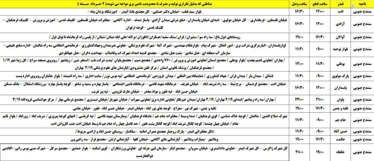 برنامه قطعی برق کردستان روز یکشنبه چهارم خرداد + جدول