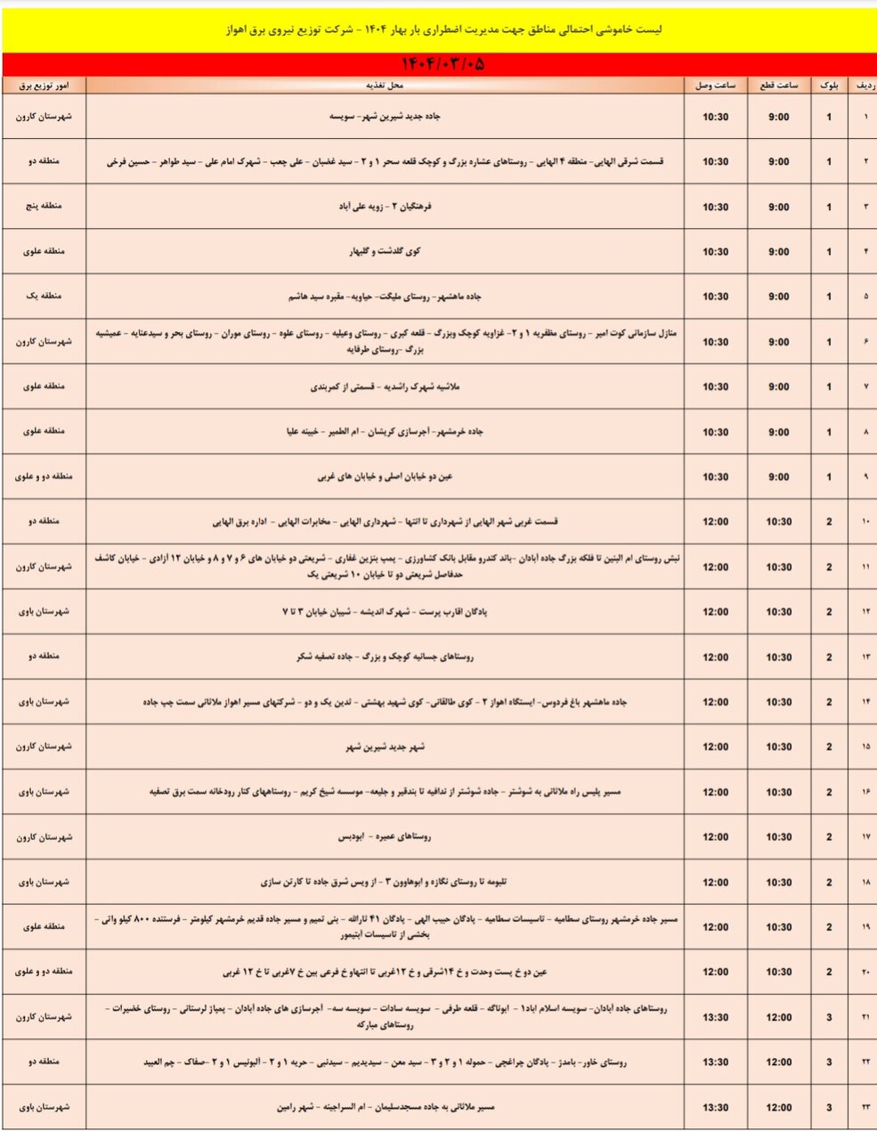 جدول خاموشی برق اهواز فردا دوشنبه ۵ خرداد
