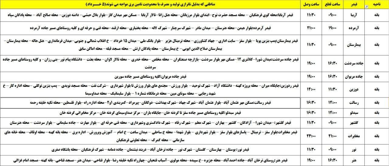 برنامه قطعی برق کردستان روز دوشنبه ۵ خرداد + جدول