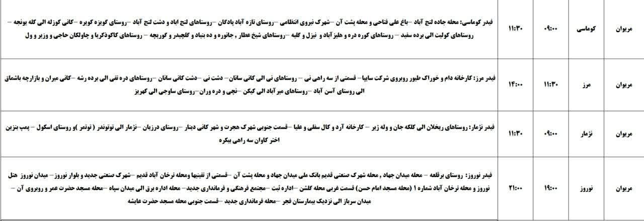 برنامه قطعی برق کردستان روز دوشنبه ۵ خرداد + جدول