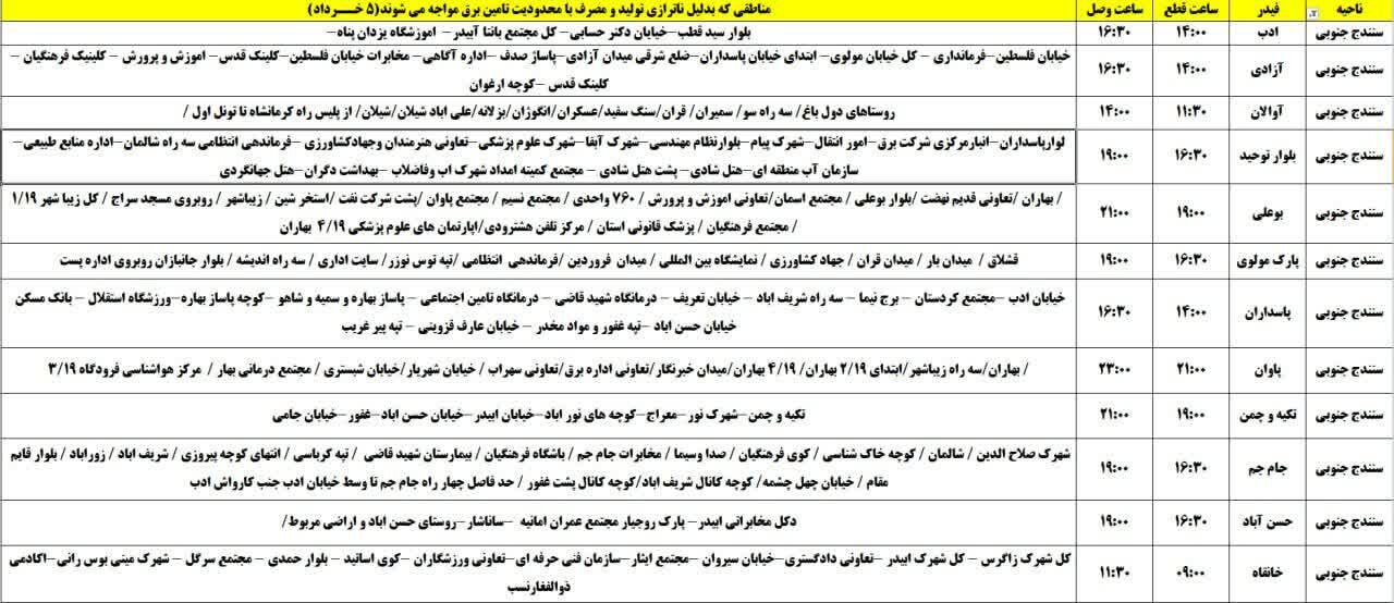 برنامه قطعی برق کردستان روز دوشنبه ۵ خرداد + جدول