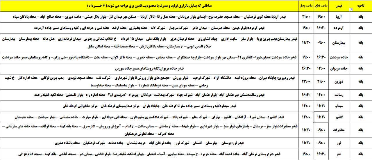 برنامه قطعی برق کردستان روز سهشنبه ششم خرداد + جدول