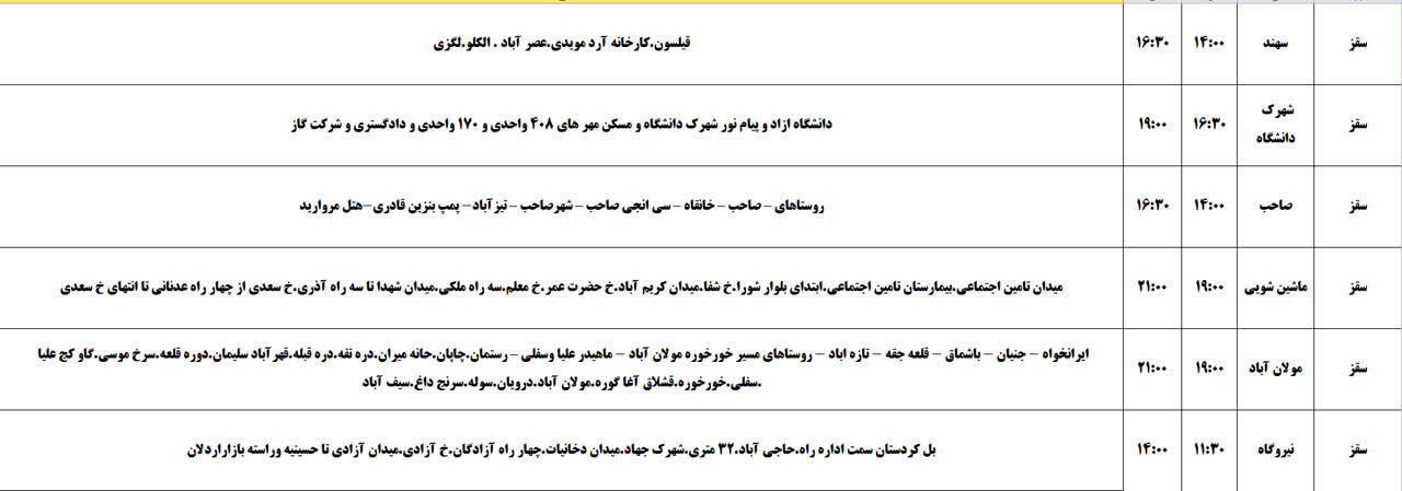 برنامه قطعی برق کردستان روز سهشنبه ششم خرداد + جدول