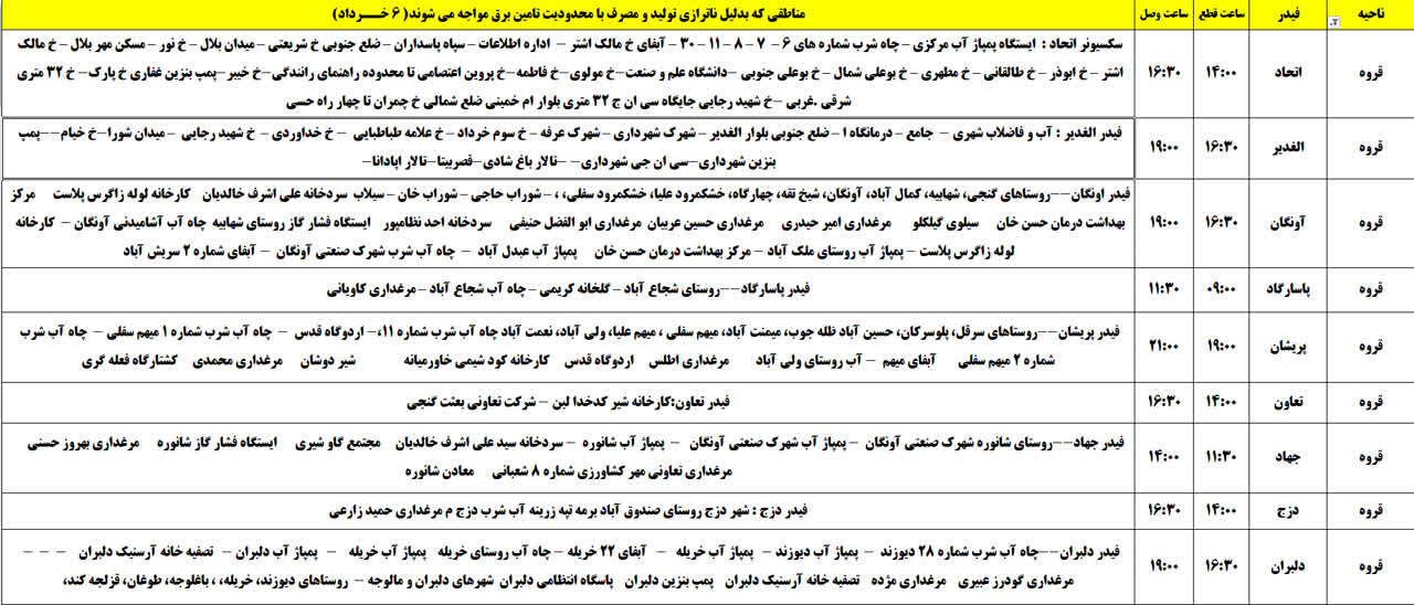 برنامه قطعی برق کردستان روز سهشنبه ششم خرداد + جدول