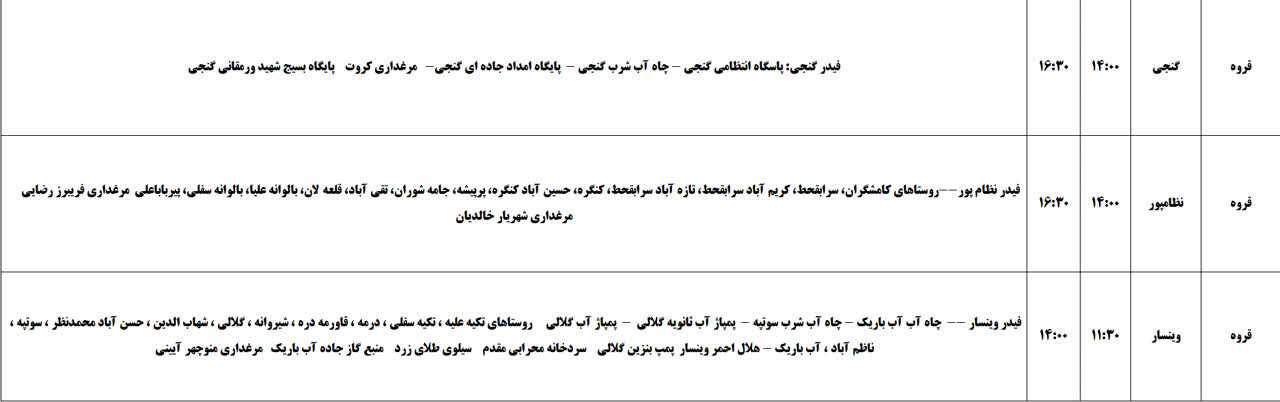 برنامه قطعی برق کردستان روز سه‌شنبه ششم خرداد + جدول