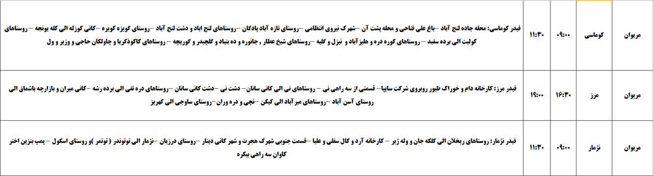 برنامه قطعی برق کردستان روز سهشنبه ششم خرداد + جدول