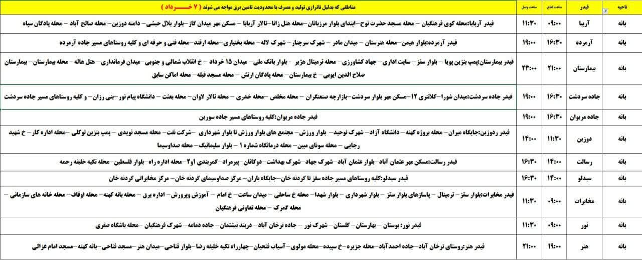 برنامه قطعی برق کردستان روز چهارشنبه ۷ خرداد + جدول