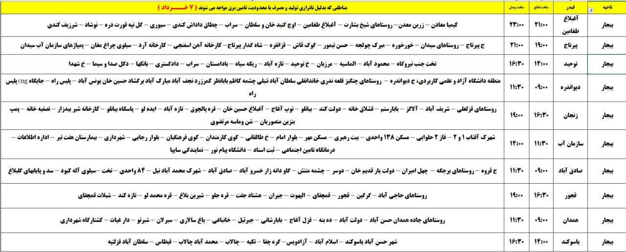 برنامه قطعی برق کردستان روز چهارشنبه ۷ خرداد + جدول