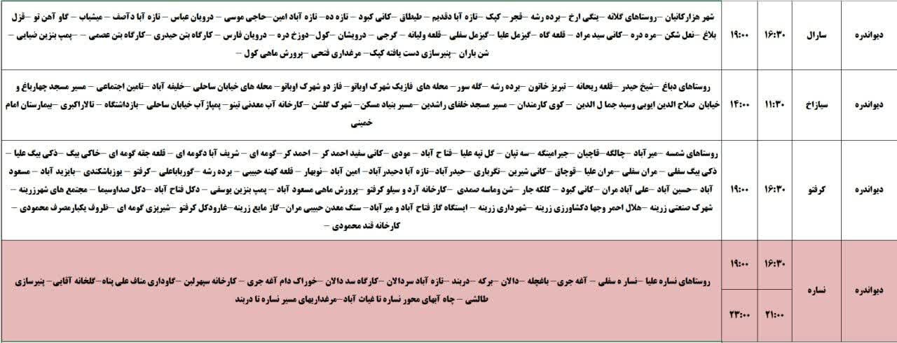 برنامه قطعی برق کردستان روز چهارشنبه ۷ خرداد + جدول