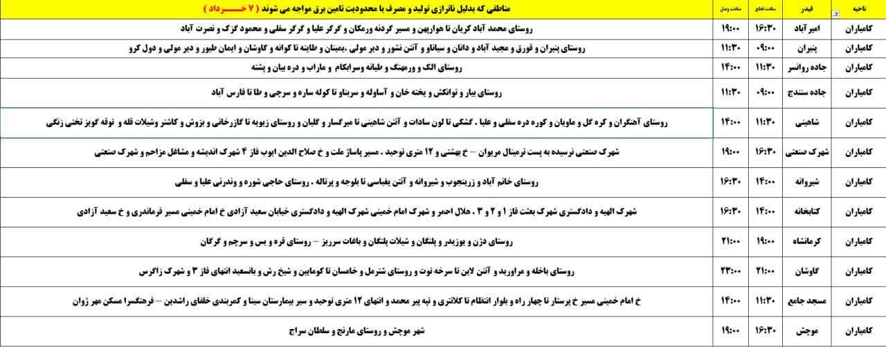 برنامه قطعی برق کردستان روز چهارشنبه ۷ خرداد + جدول