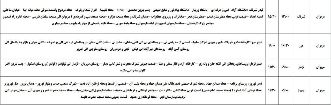 برنامه قطعی برق کردستان روز پنجشنبه ۸ خرداد + جدول