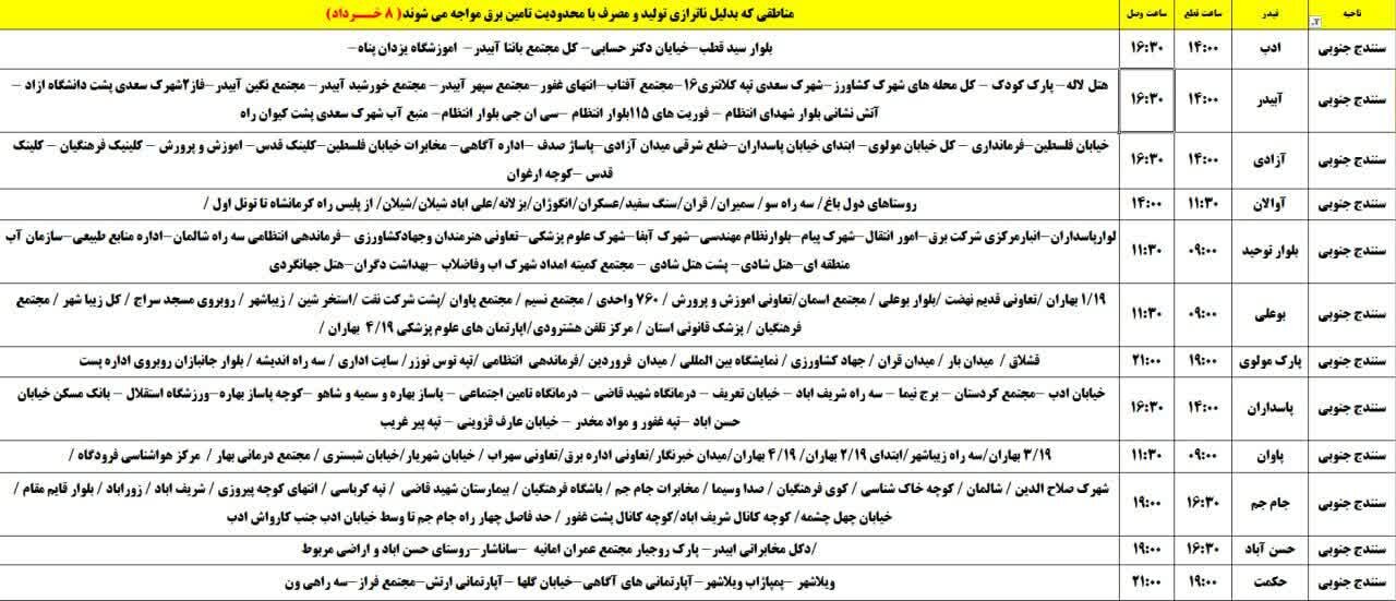 برنامه قطعی برق کردستان روز پنجشنبه ۸ خرداد + جدول