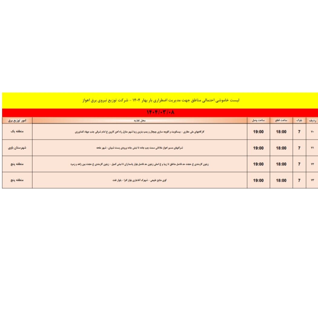 جدول خاموشی برق اهواز فردا پنج‌شنبه ۸ خرداد