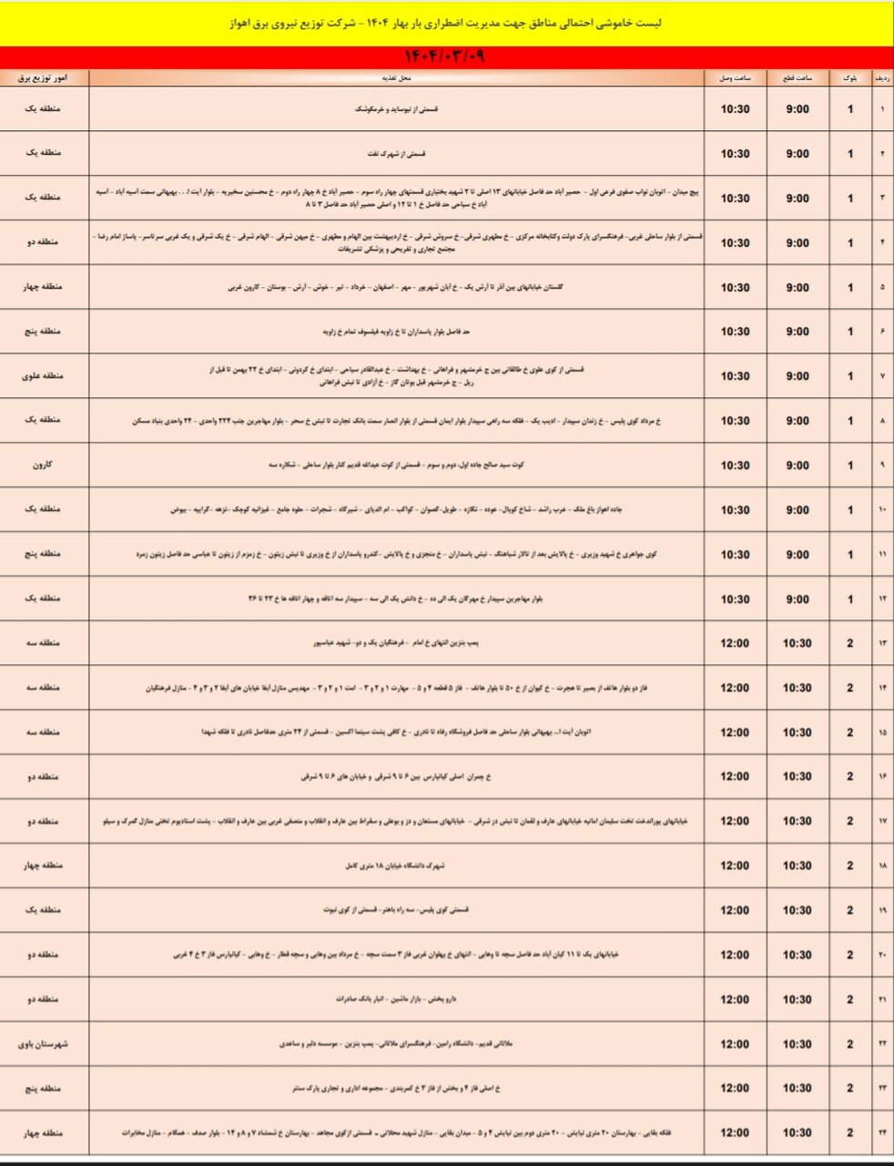 جدول خاموشی برق اهواز فردا جمعه ۹ خرداد