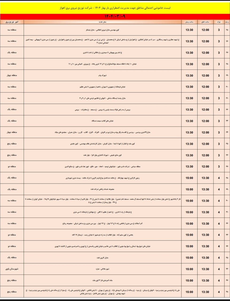 جدول خاموشی برق اهواز فردا جمعه ۹ خرداد