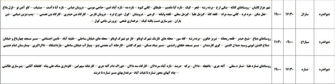 برنامه خاموشی‌های برق کردستان روز جمعه ۹ خرداد + جدول