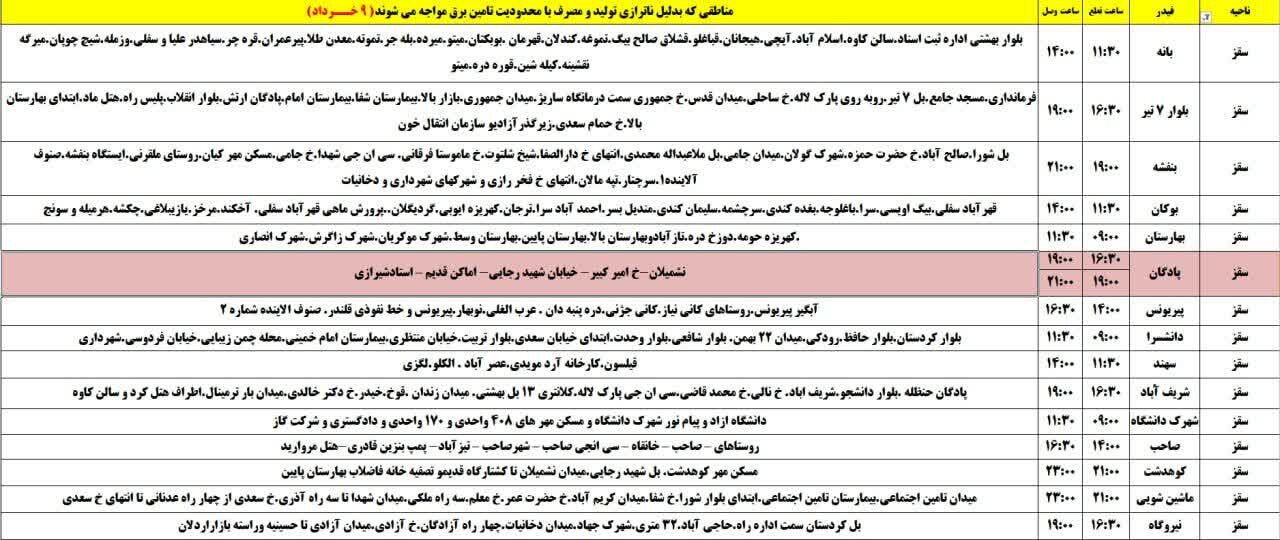 برنامه خاموشی‌های برق کردستان روز جمعه ۹ خرداد + جدول