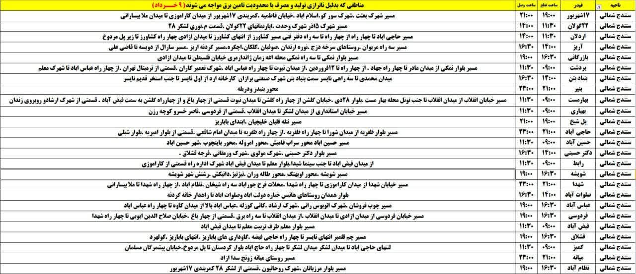 برنامه خاموشیهای برق کردستان روز جمعه ۹ خرداد + جدول