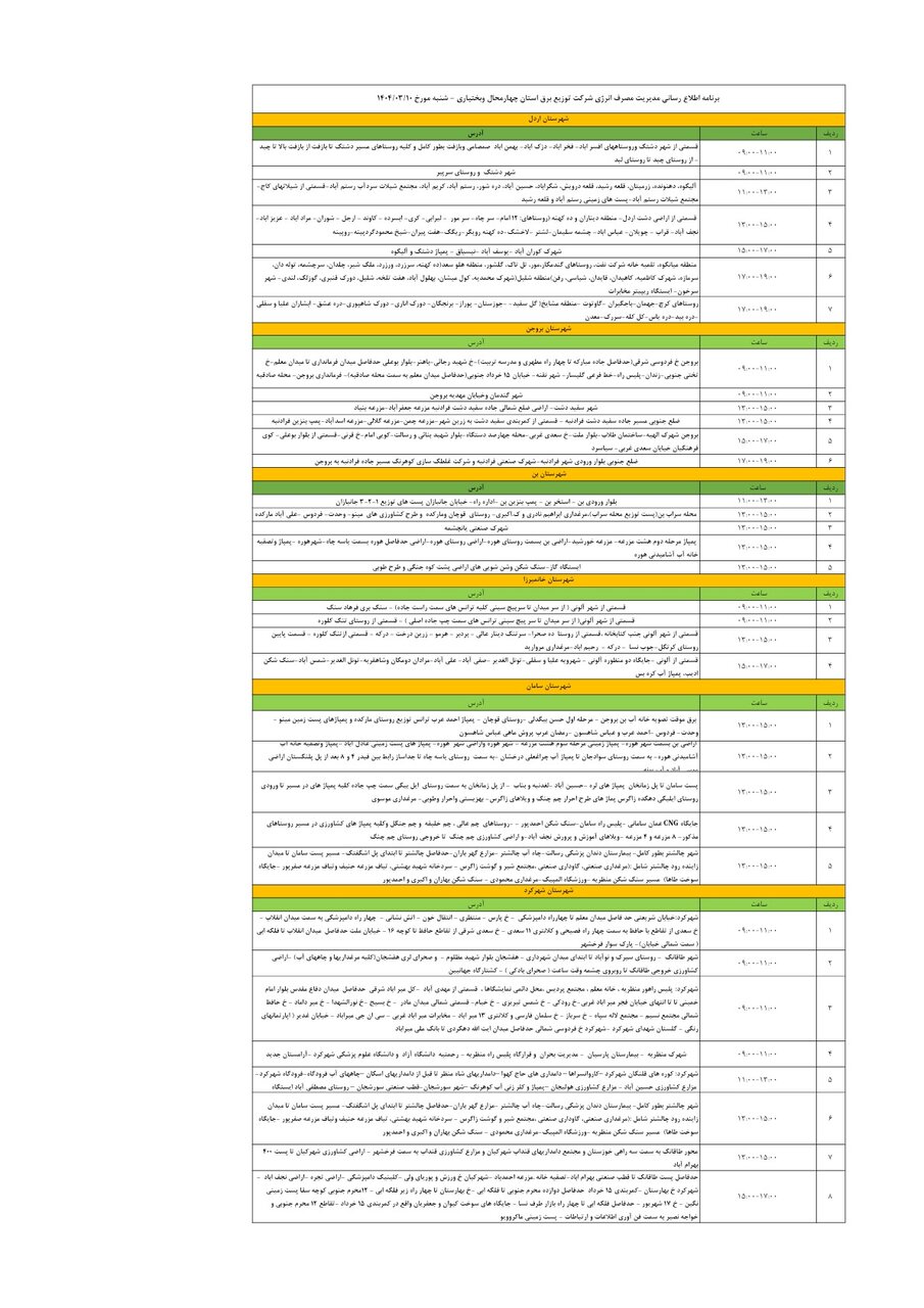برنامه قطعی برق چهارمحال و بختیاری شنبه ۱۰ خرداد + جدول
