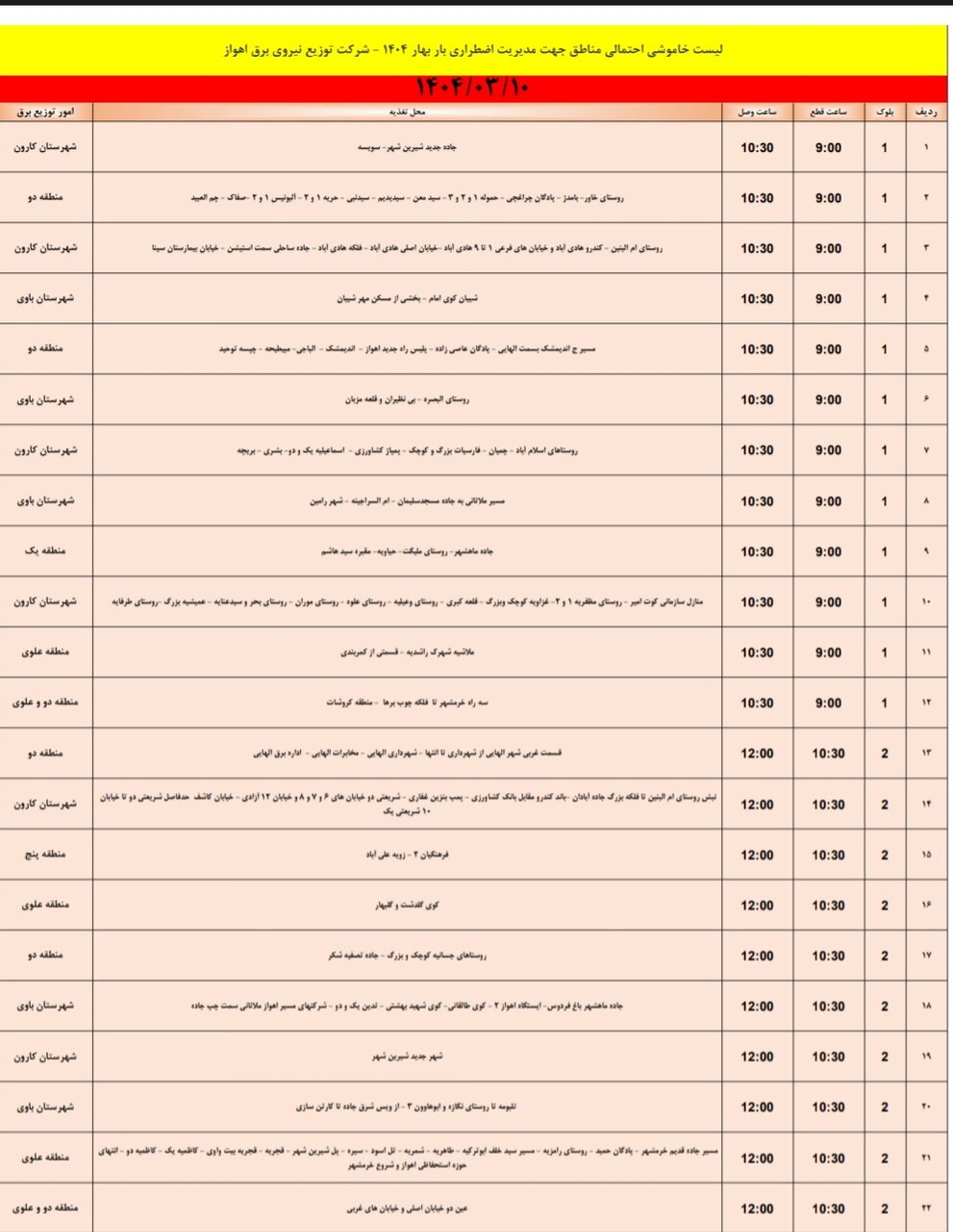 جدول خاموشی برق اهواز فردا شنبه ۱۰ خرداد