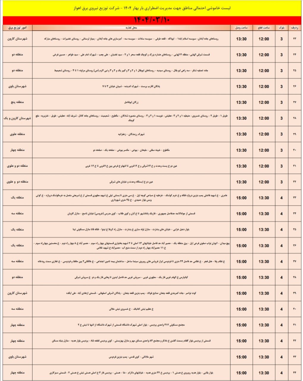جدول خاموشی برق اهواز فردا شنبه ۱۰ خرداد