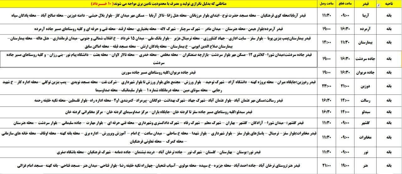 برنامه قطعی برق کردستان فردا شنبه ۱۰ خرداد + جدول