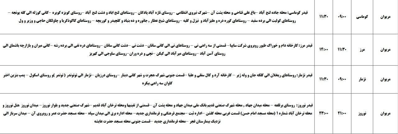برنامه قطعی برق کردستان فردا شنبه ۱۰ خرداد + جدول
