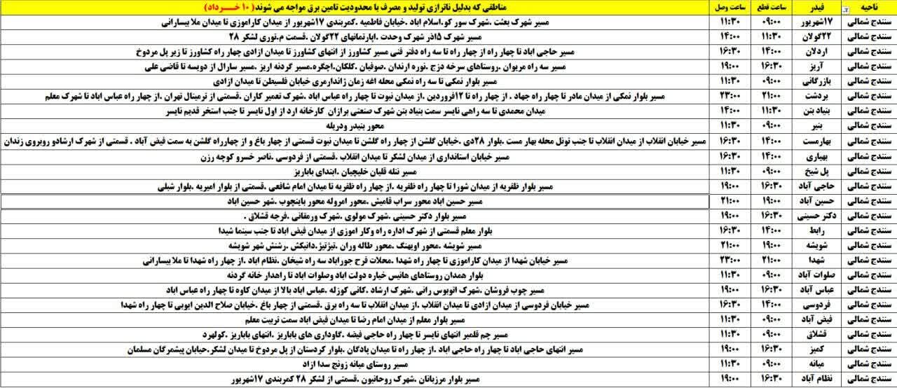 برنامه قطعی برق کردستان فردا شنبه ۱۰ خرداد + جدول