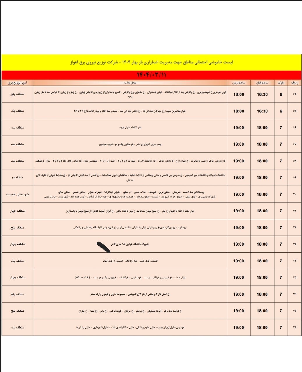 جدول خاموشی برق اهواز فردا، یکشنبه ۱۱ خرداد