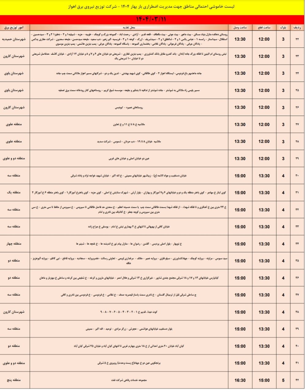 جدول خاموشی برق اهواز فردا، یکشنبه ۱۱ خرداد