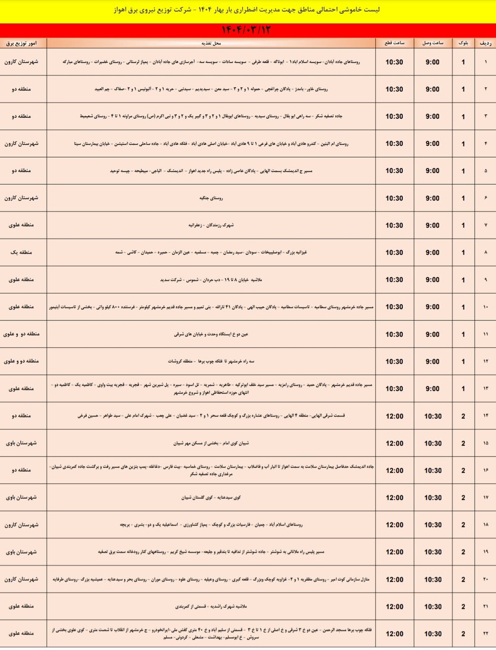 جدول خاموشی برق اهواز فردا، دوشنبه ۱۲ خرداد