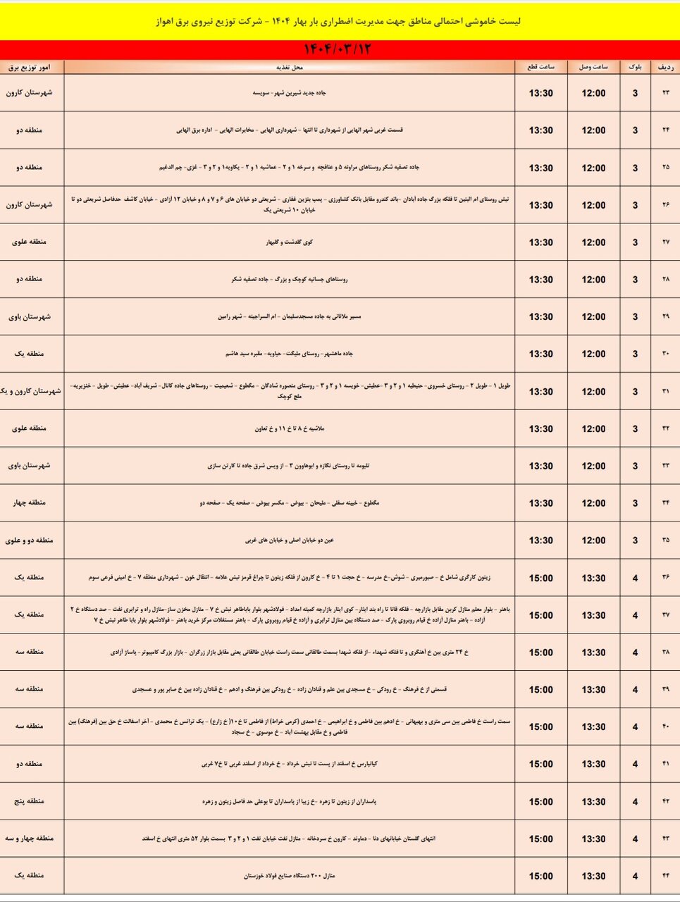 جدول خاموشی برق اهواز فردا، دوشنبه ۱۲ خرداد