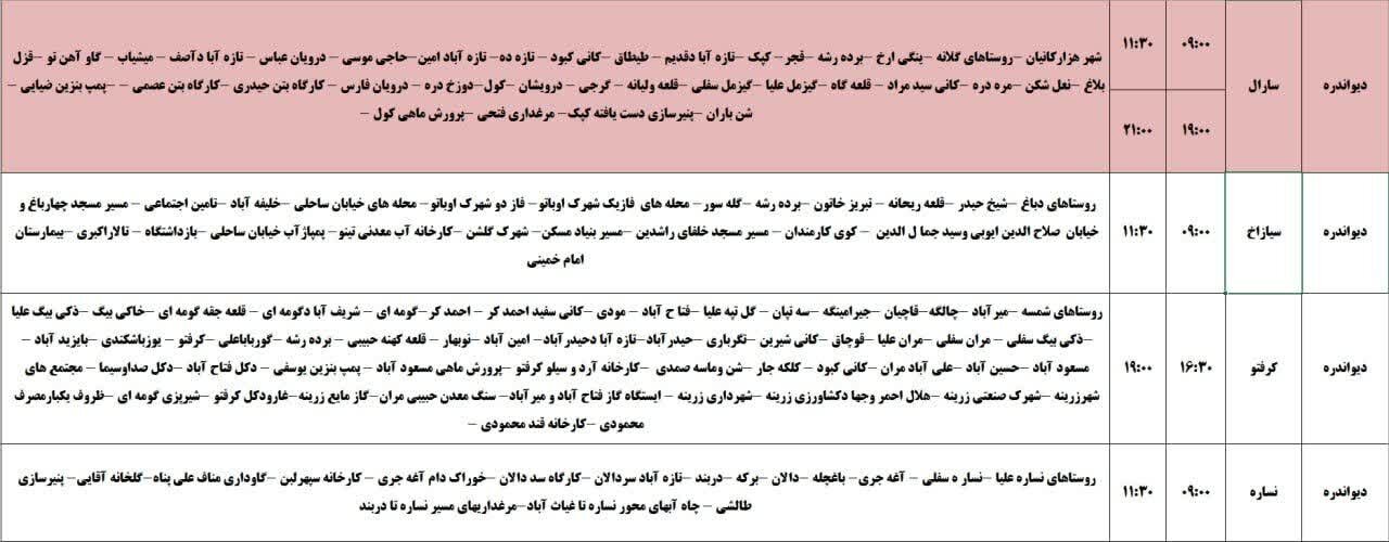 برنامه قطعی برق کردستان فردا دوشنبه ۱۲ خرداد + جدول