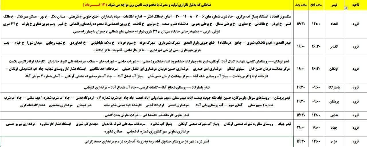 برنامه قطعی برق کردستان فردا دوشنبه ۱۲ خرداد + جدول