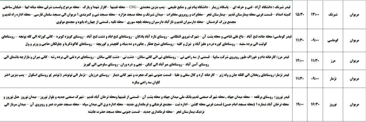 برنامه قطعی برق کردستان فردا دوشنبه ۱۲ خرداد + جدول