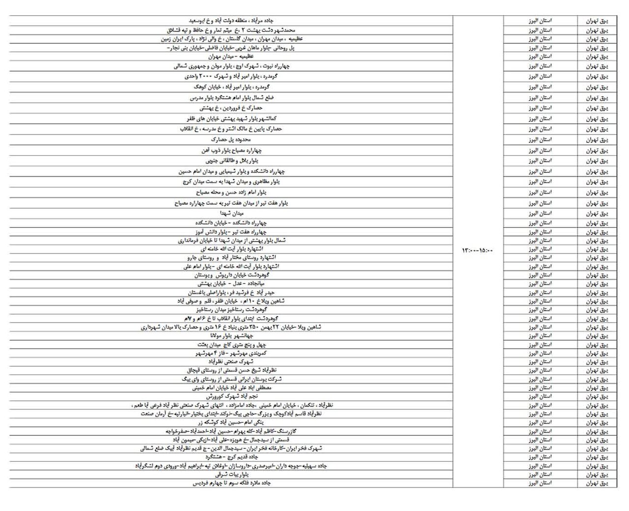 برنامه قطعی برق البرز و کرج سه شنبه ۱۳ خرداد + لیست مناطق