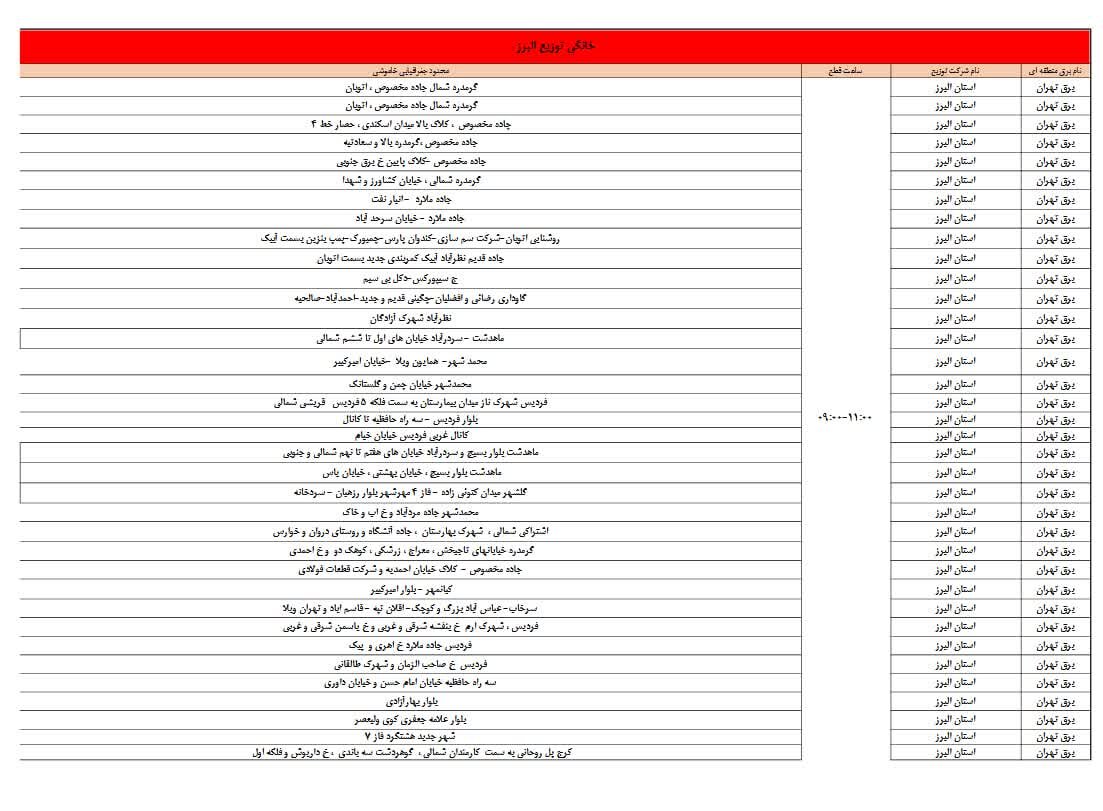 برنامه قطعی برق البرز و کرج سه شنبه ۱۳ خرداد + لیست مناطق