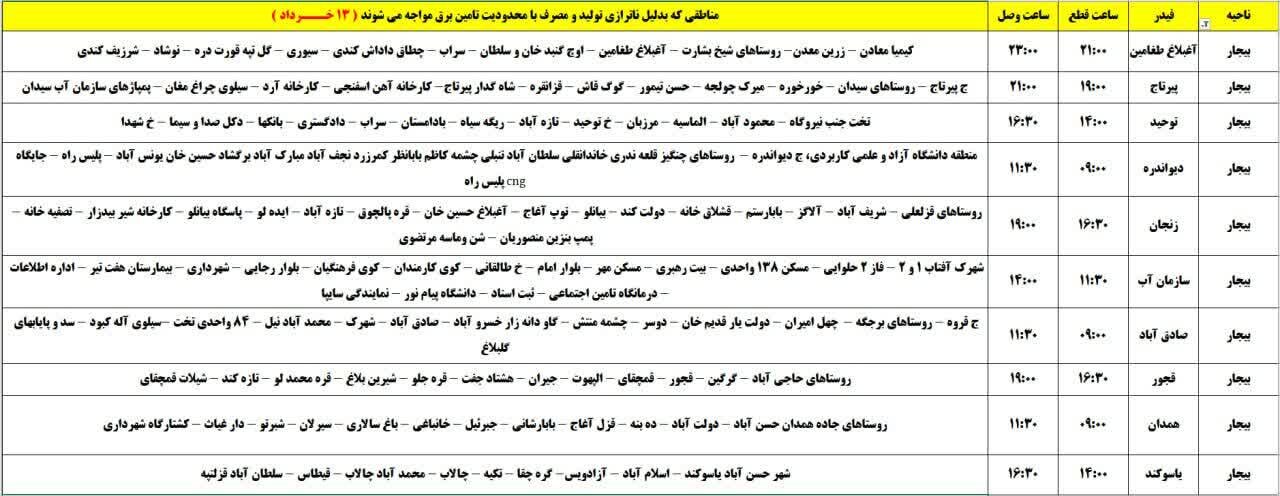 برنامه قطعی برق کردستان روز سه‌شنبه ۱۳ خرداد + جدول