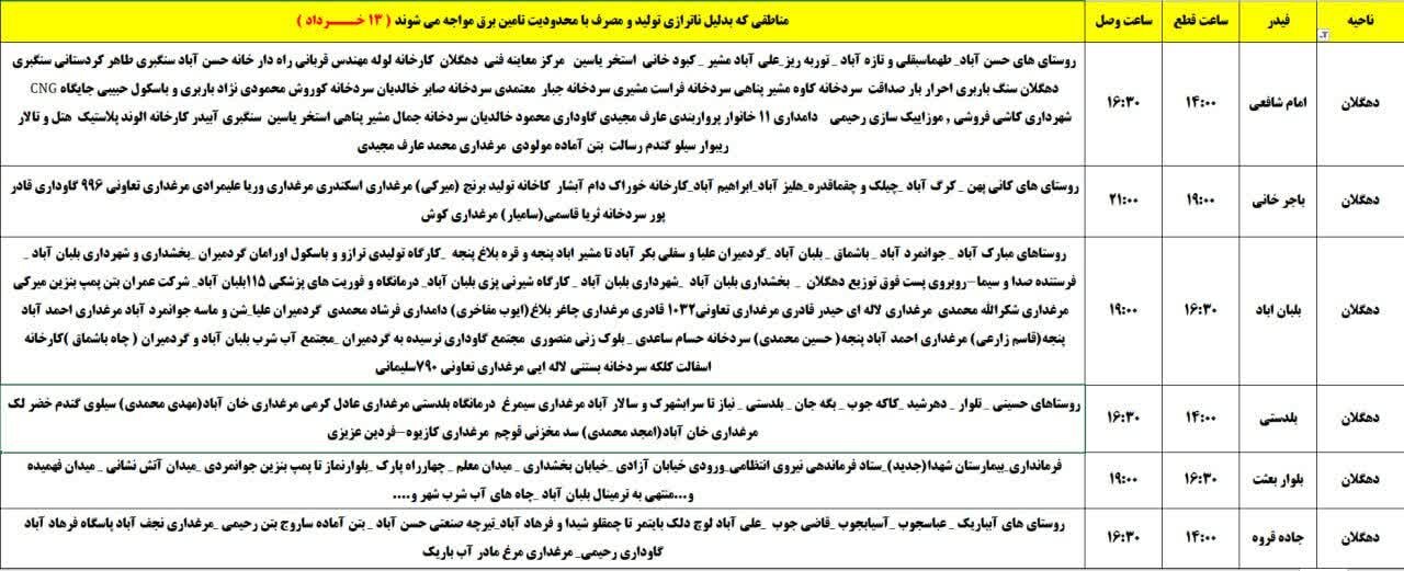 برنامه قطعی برق کردستان روز سهشنبه ۱۳ خرداد + جدول
