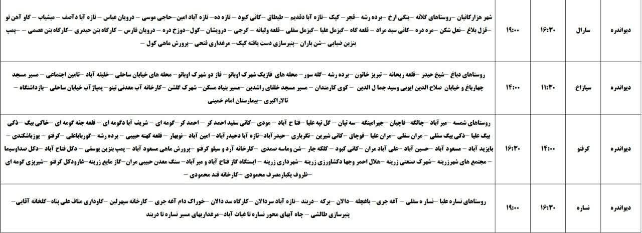 برنامه قطعی برق کردستان روز سه‌شنبه ۱۳ خرداد + جدول