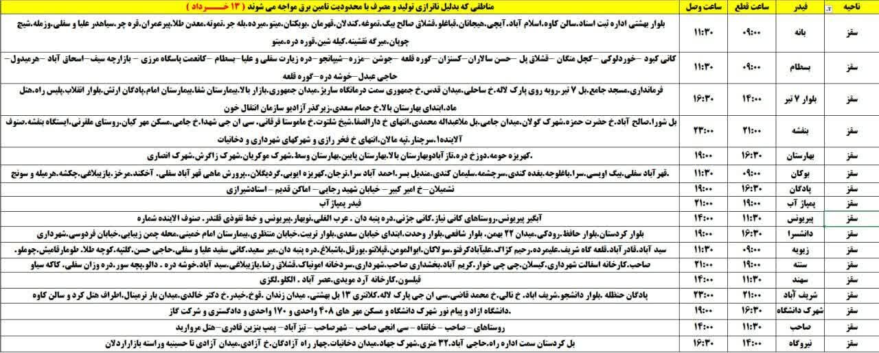 برنامه قطعی برق کردستان روز سه‌شنبه ۱۳ خرداد + جدول