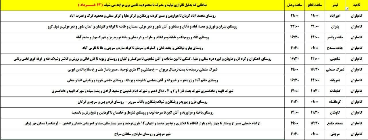 برنامه قطعی برق کردستان روز سهشنبه ۱۳ خرداد + جدول