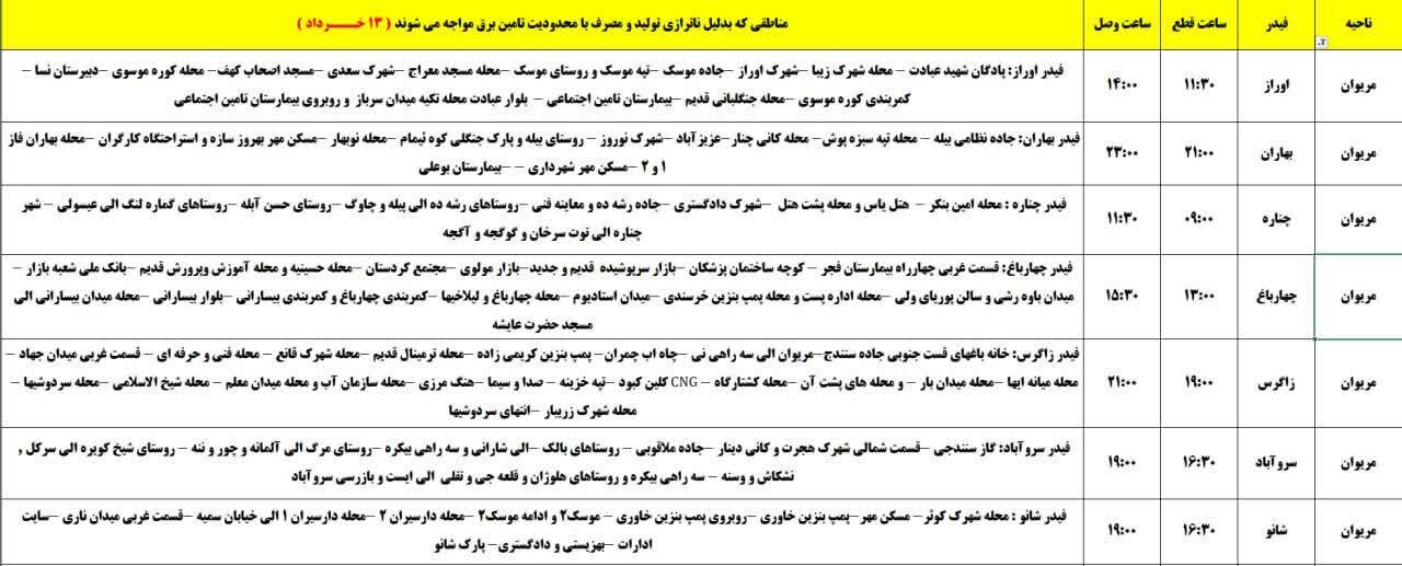 برنامه قطعی برق کردستان روز سهشنبه ۱۳ خرداد + جدول