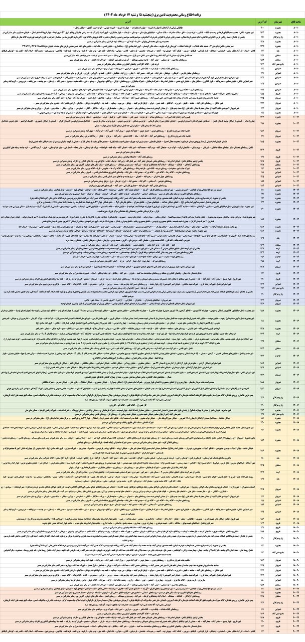جدول قطعی برق خراسان شمالی پنجشنبه پانزدهم خرداد