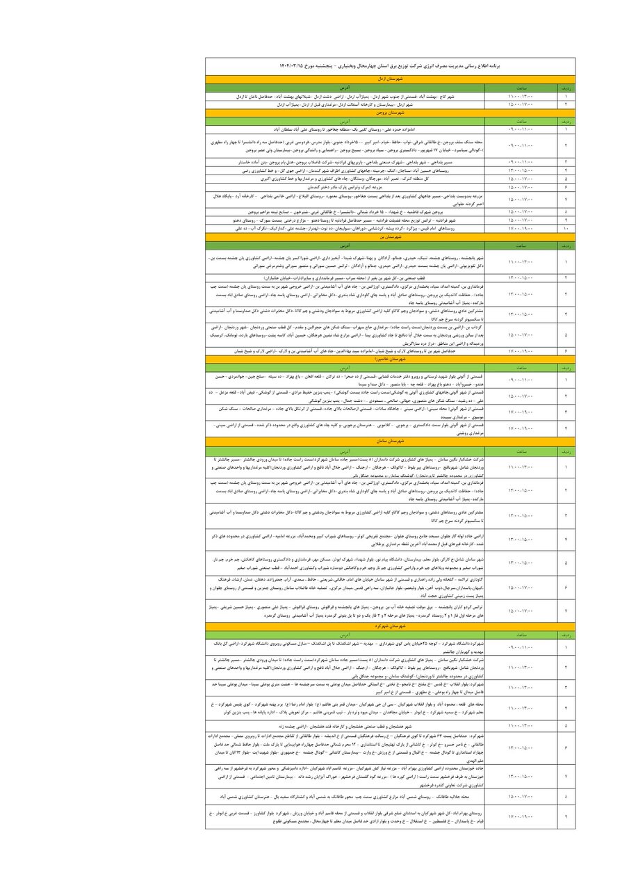 برنامه قطعی برق چهارمحال و بختیاری پنجشنبه ۱۵ خرداد + جدول