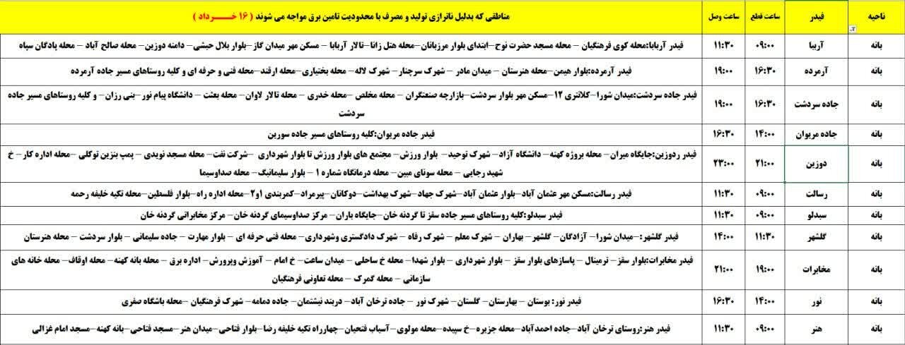 برنامه قطعی برق کردستان روز جمعه ۱۶ خرداد + جدول
